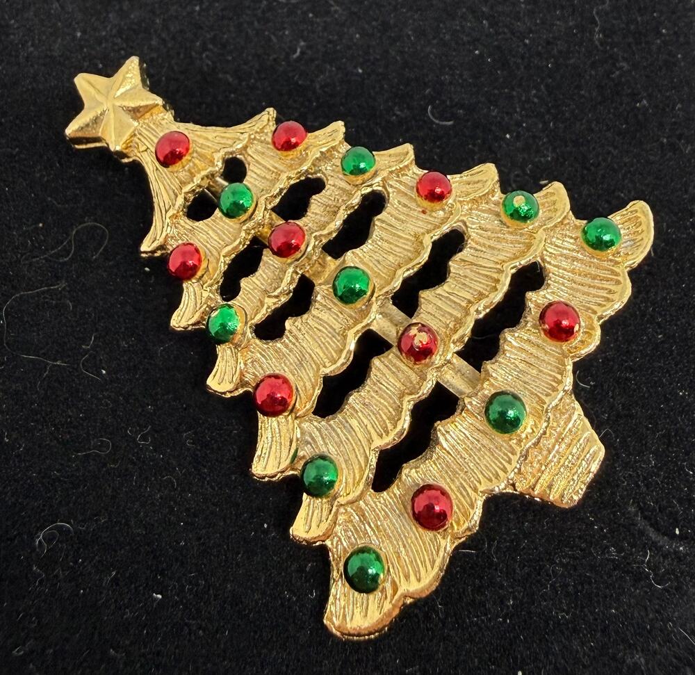 VINTAGE Gerry's Christmas Tree Brooch Signed Gold Tone Red Green Rhinestone Pins